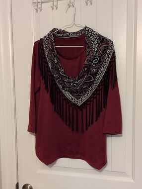 Women's Burgundy Tunic Top with Patterned Fringe Scarf